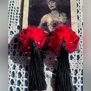 Vintage Red Sequin & Black Tassels Nipple Covers Breast Handmade in Vancouver BC